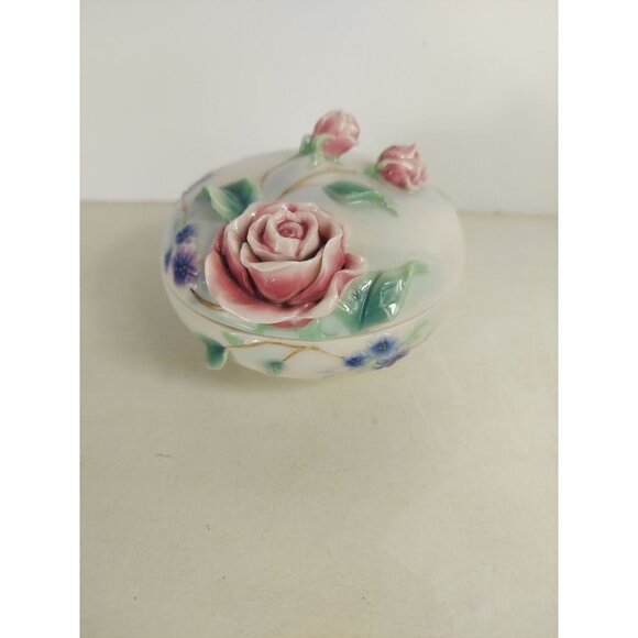Franz Porcelain Pink Roses Dresser Jar, Trinket Dish w/ Lid FZ00701 - Picture 2 of 5